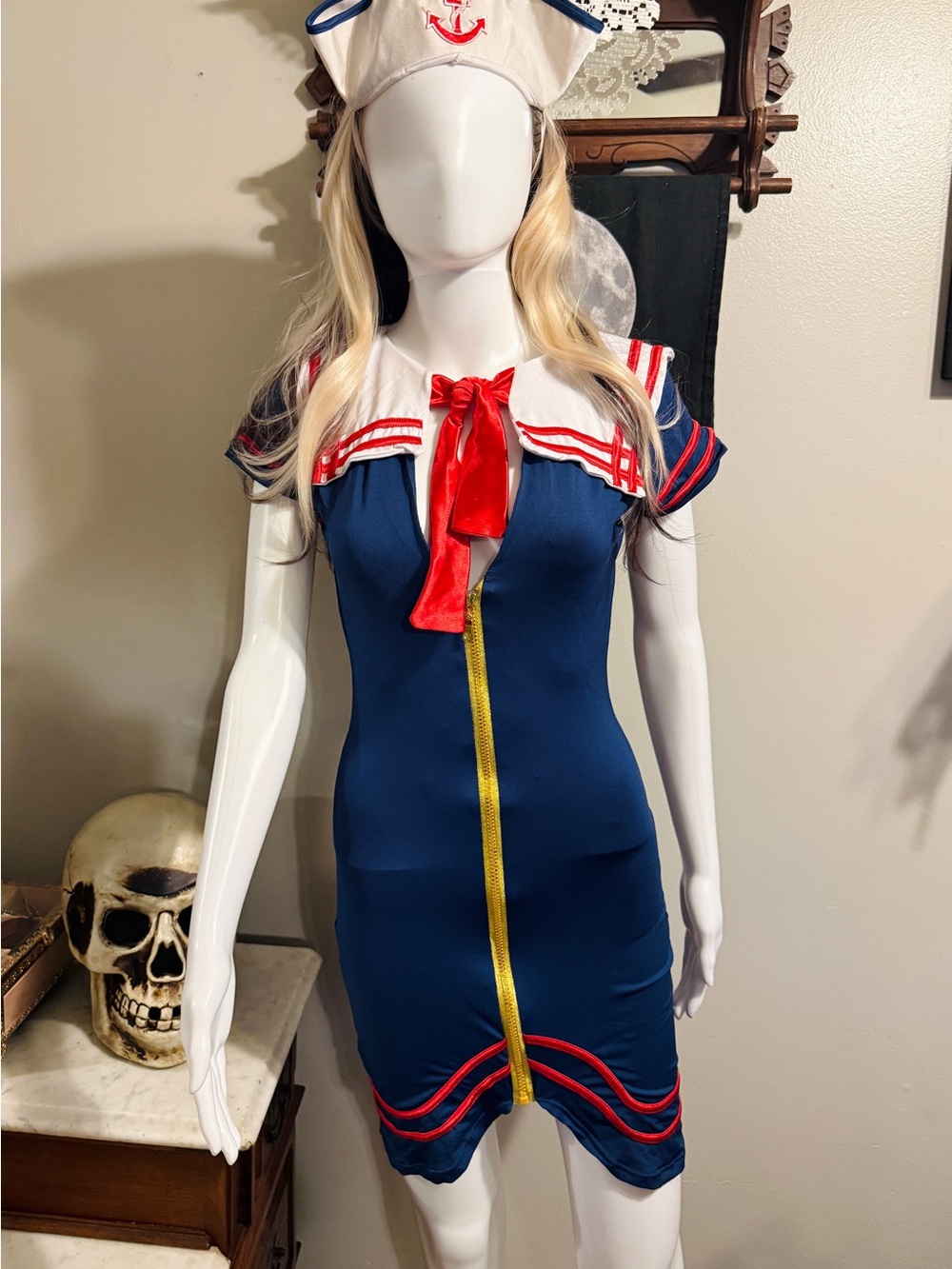 Women’s Navy Sailor Costume Pin up Dress with Red Bow in Size Small
